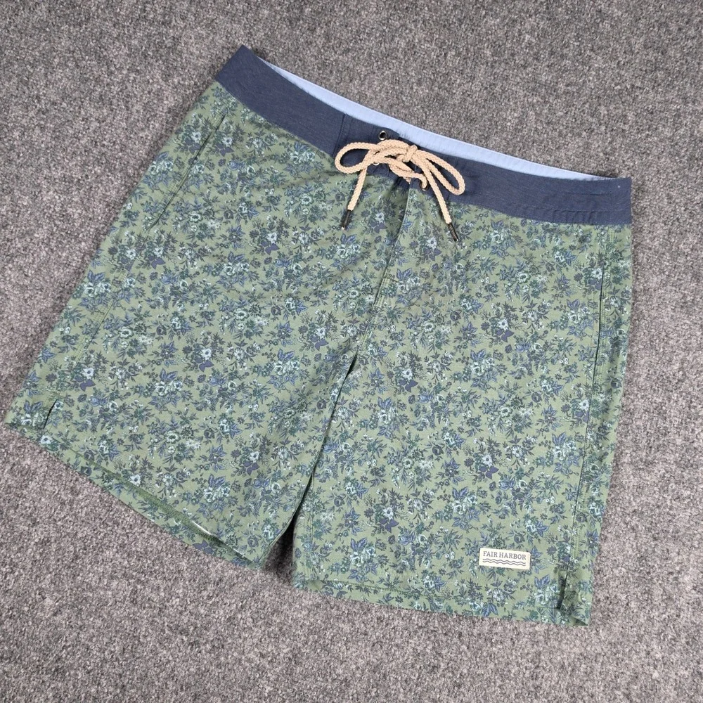 Fair Harbor Board‎ Shrots Mens 36 Green Floral Swim Trunks Drawstring Unlined